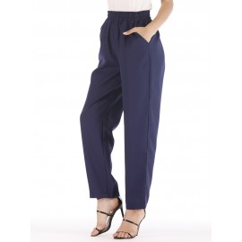 Women Casual Pure Color High Waist Elastic Waist Pants