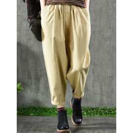 Women Vintage Elastic Waist Pockets Cotton Pants