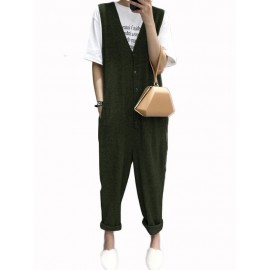 Women Sleeveless Button V-neck Solid Color Jumpsuit Overalls