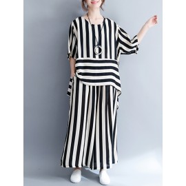 Women Casual Loose Striped Tops+Pants Sets