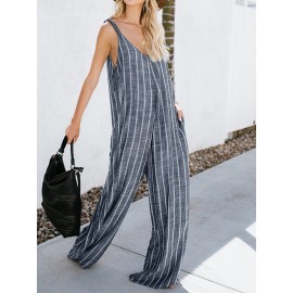 Women Sexy V-neck Sleeveless Striped Pockets Wide Legged Jumpsuit