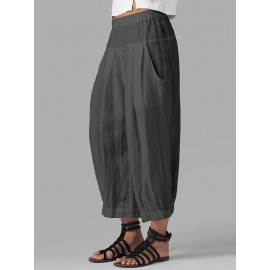 Women High Waist Loose Casual Wide Leg Pants Solid Color Trousers