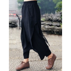 Wide Leg Women Cotton Linen Solid Color Elastic Waist Irregular Pants