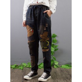 Vintage Women Elastic Waist Embroidery Patchwork Denim Jeans