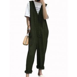 Women Sleeveless Button V-neck Solid Color Jumpsuit Overalls