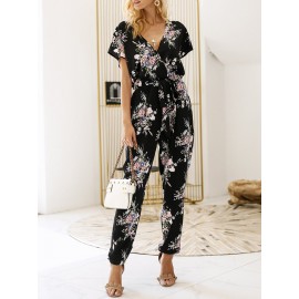 Women Casual V-Neck Floral Print Short Sleeve Jumpsuit with Pockets