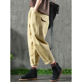 Women Vintage Elastic Waist Pockets Cotton Pants