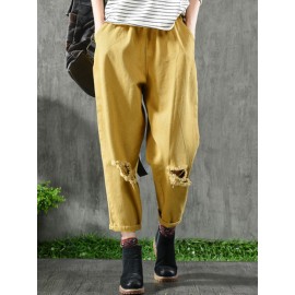 Women Vintage Elastic Waist Pockets Cotton Pants