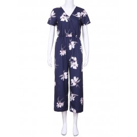 Women Casual V-Neck Floral Print Short Sleeve Jumpsuit with Pockets