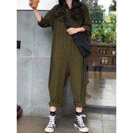 Casual Women Cotton Pure Color Button Long Sleeve Jumpsuit