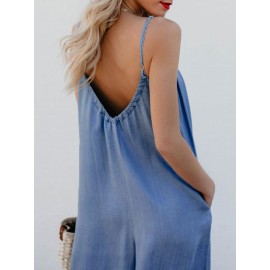 Plus Size Casual Straps Blue Wide Leg Overall Jumpsuit For Women