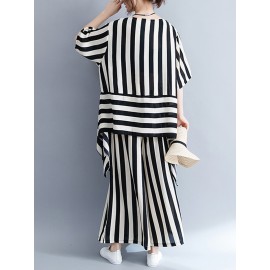 Women Casual Loose Striped Tops+Pants Sets