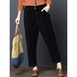 Women Casual Pure Color Elastic Waist Corduroy Harlan Pants