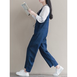 Women Casual Sleeveless Straps High Waist Denim Jumpsuit