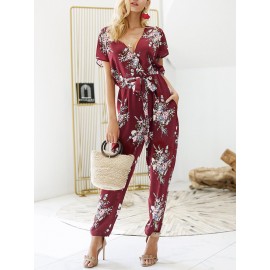 Women Casual V-Neck Floral Print Short Sleeve Jumpsuit with Pockets