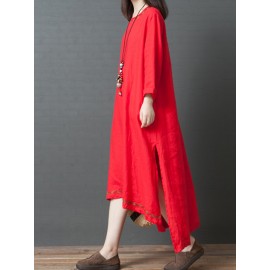 Vintage Women Linen Loose Pure Color Long Sleeve Dress