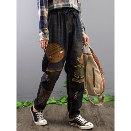 Vintage Women Elastic Waist Embroidery Patchwork Denim Jeans