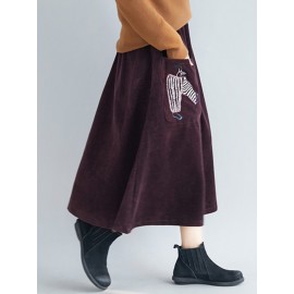 Embroidery Elastic Waist Loose Hem Corduroy Skirts with Pocket