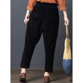 Women Casual Pure Color Elastic Waist Corduroy Harlan Pants