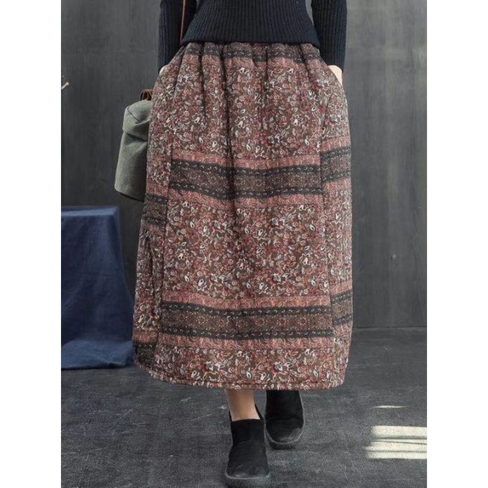 Vintage Women Folk Style Cotton Linen Elastic Waist Skirts with Pockets