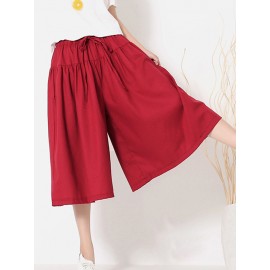 Wide Leg Women Pure Color Cotton Linen Elastic Waist Pants