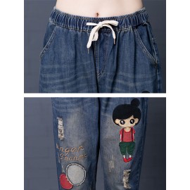 Cartoon Embroidery Hollow Elastic Drawstring Waist Denim Jeans