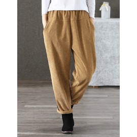 S-5XL Women Casual Pure Color Elastic Waist Corduroy Pants