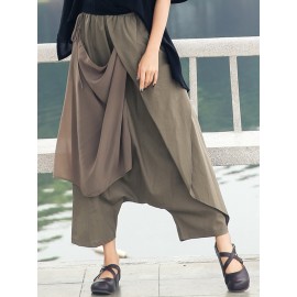 Wide Leg Women Cotton Linen Solid Color Elastic Waist Irregular Pants