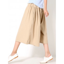 Wide Leg Women Pure Color Cotton Linen Elastic Waist Pants