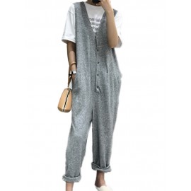 Women Sleeveless Button V-neck Solid Color Jumpsuit Overalls