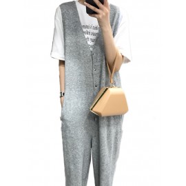 Women Sleeveless Button V-neck Solid Color Jumpsuit Overalls