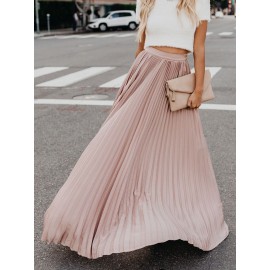 Boho Elastic Waist Pleated Pure Color Women Skirts