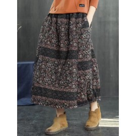 Vintage Women Folk Style Cotton Linen Elastic Waist Skirts with Pockets