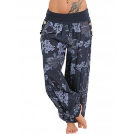 Women Casual Loose Floral Print Button Full Length Pants