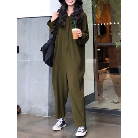 Casual Women Cotton Pure Color Button Long Sleeve Jumpsuit