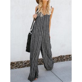 Women Sexy V-neck Sleeveless Striped Pockets Wide Legged Jumpsuit