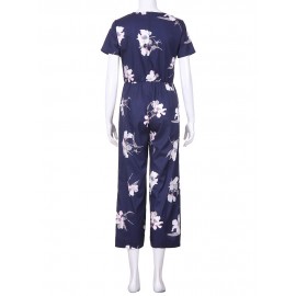 Women Casual V-Neck Floral Print Short Sleeve Jumpsuit with Pockets