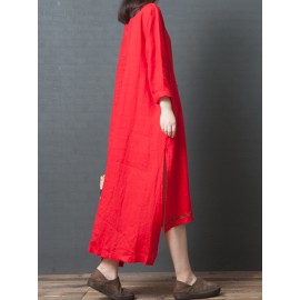 Vintage Women Linen Loose Pure Color Long Sleeve Dress