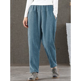 S-5XL Women Casual Pure Color Elastic Waist Corduroy Pants