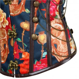 Retro Floral Steel Boned Lace Up Back Cinching Chains Corset