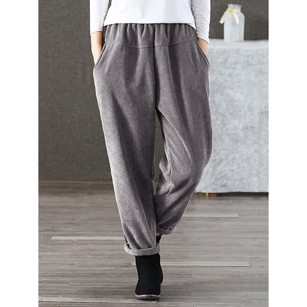 S-5XL Women Casual Pure Color Elastic Waist Corduroy Pants