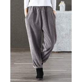 S-5XL Women Casual Pure Color Elastic Waist Corduroy Pants