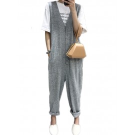 Women Sleeveless Button V-neck Solid Color Jumpsuit Overalls