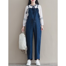 Women Casual Sleeveless Straps High Waist Denim Jumpsuit