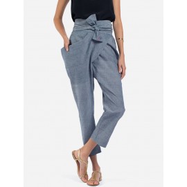 Women High Waist Pencil Pants Side Pockets Irregular Trousers with Detachable Belt