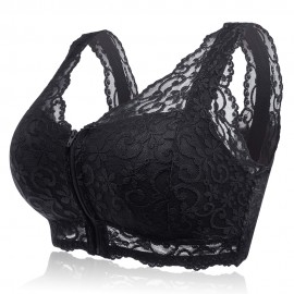 Front Zipper Lace Jacquard Comfy Breathable Wireless Padded Crop Bra