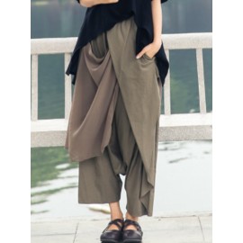 Wide Leg Women Cotton Linen Solid Color Elastic Waist Irregular Pants