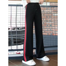 Women Casual High Drawstring Waist Stripe Patchwork Pants