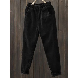 Women Casual Pure Color Elastic Waist Corduroy Pants