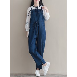 Women Casual Sleeveless Straps High Waist Denim Jumpsuit